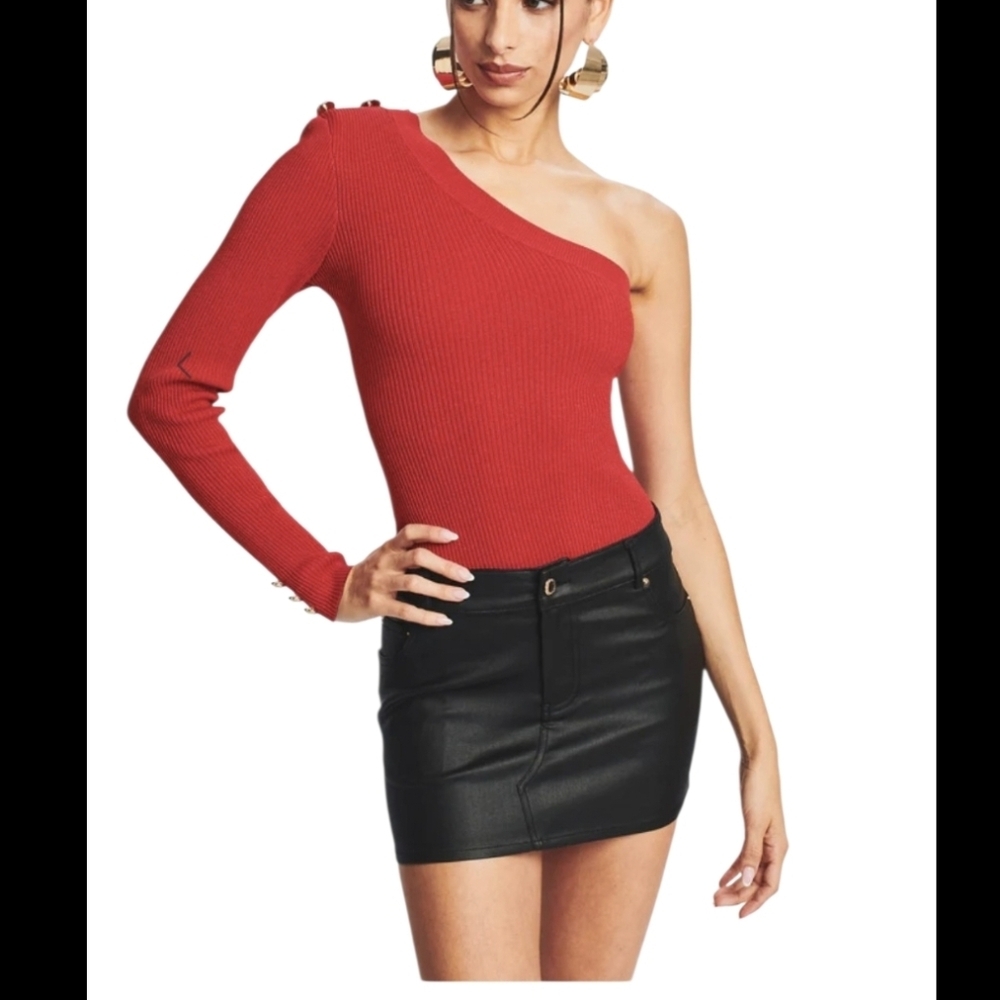 Retrofête Bella Red Metallic One Shoulder Knit Top Gold Buttons M NWT